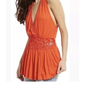 Free People Megan Embroidered Crochet Peplum Top